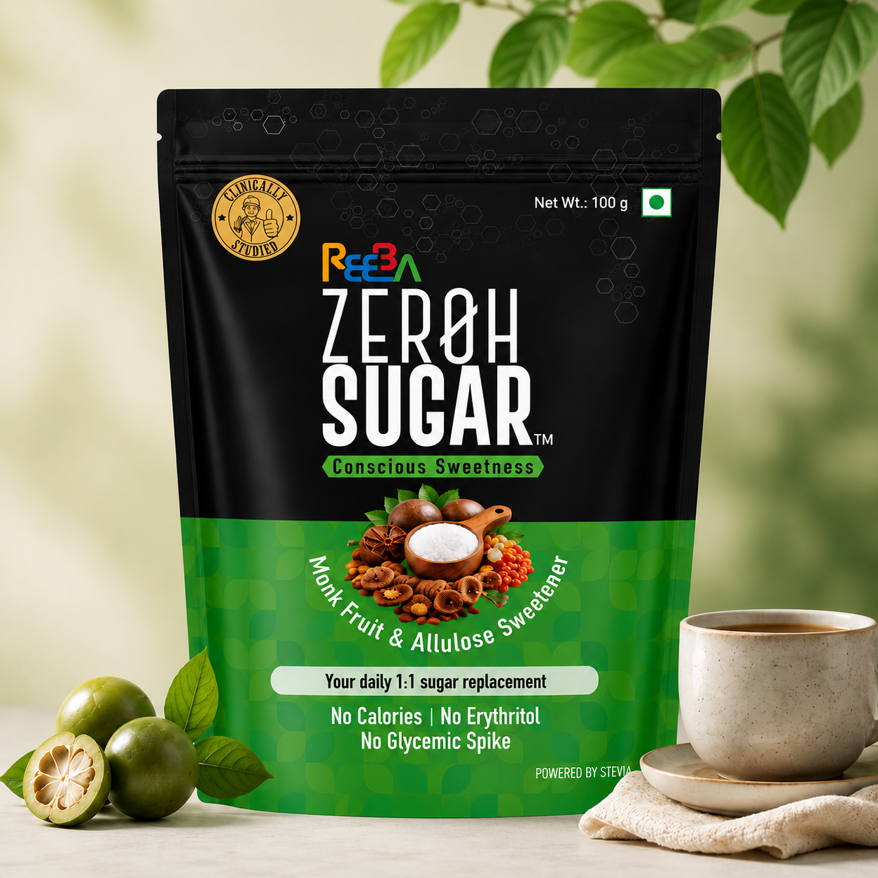 Zeroh Sugar | Monk Fruit & Allulose Sweetener | No Erythritol | Clinically Tested | 100g