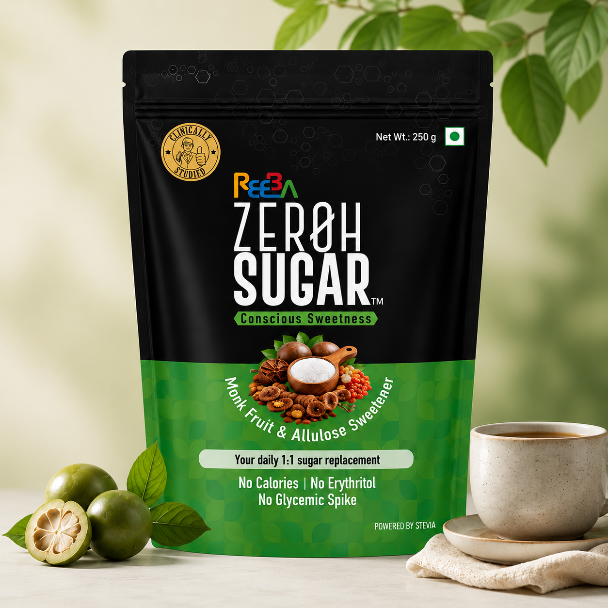 Zeroh Sugar | Monk Fruit & Allulose Sweetener | No Erythritol | Clinically Tested | 250g