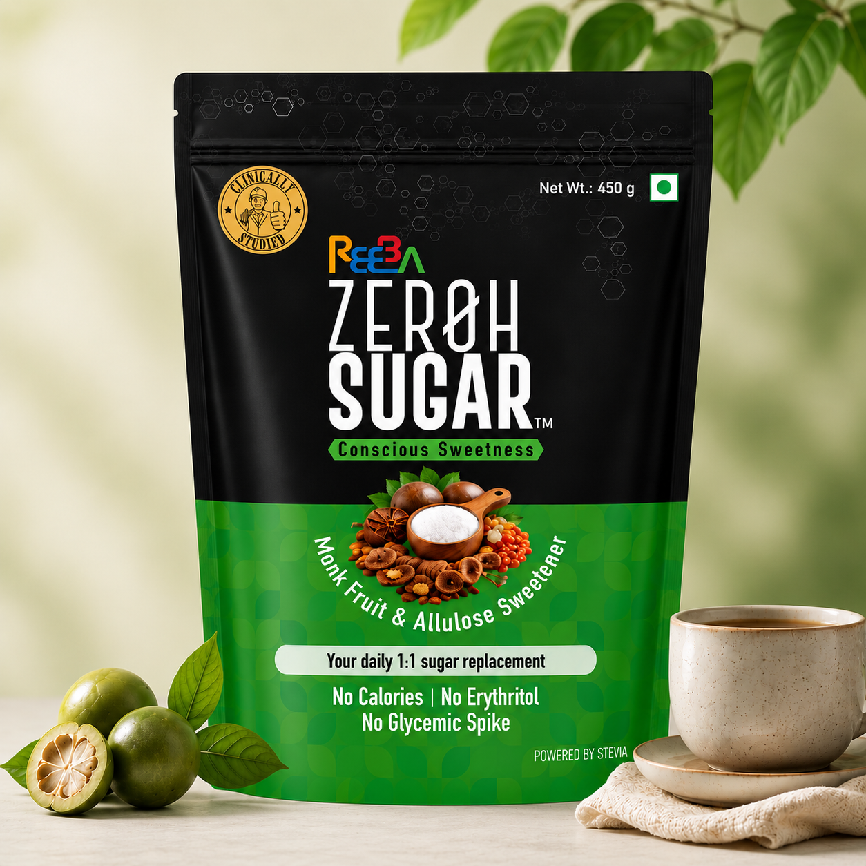 Zeroh Sugar | Monk Fruit & Allulose Sweetener | No Erythritol | Clinically Tested | 450g