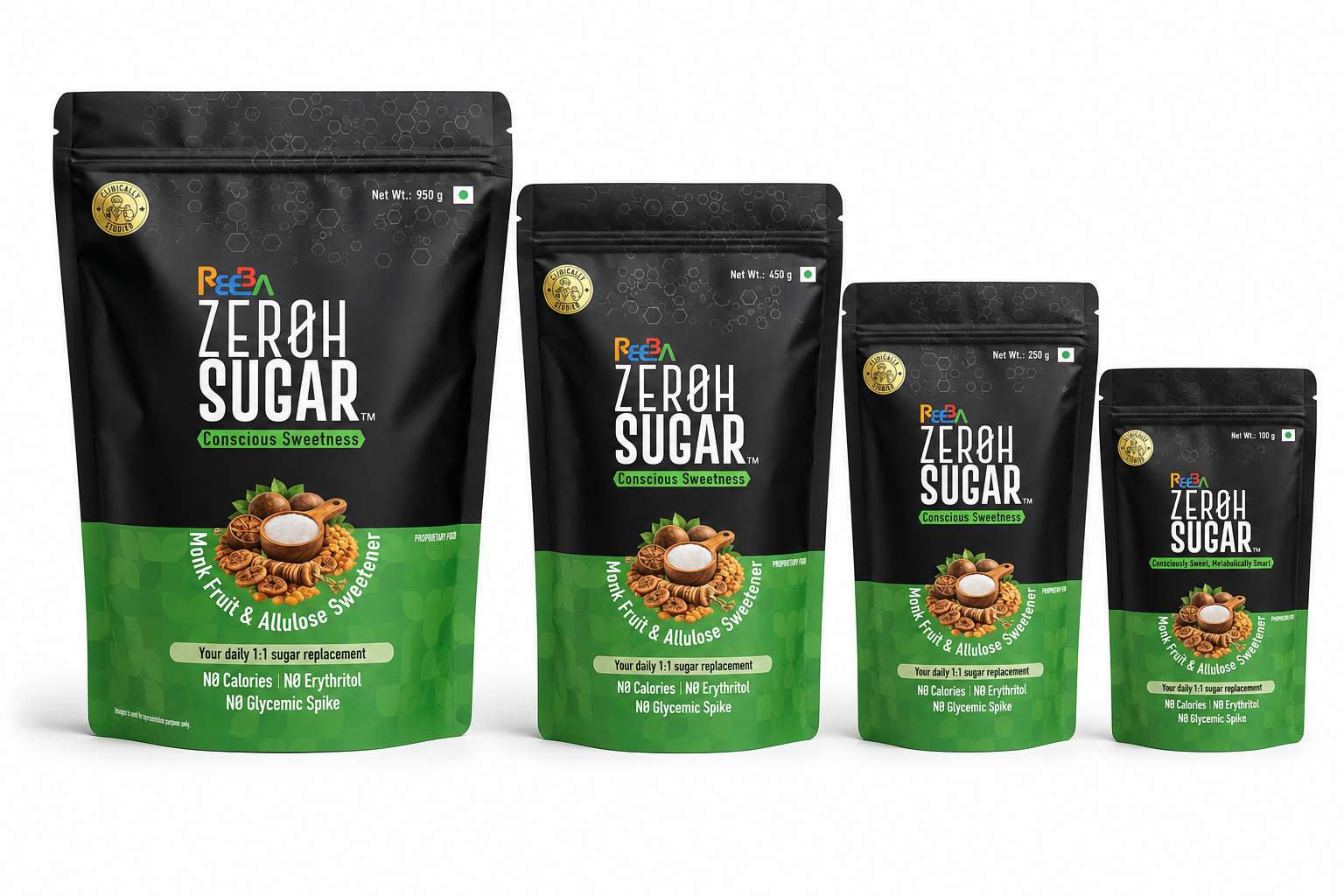 Zeroh Sugar | Monk Fruit & Allulose Sweetener | No Erythritol | Clinically Tested | 450g