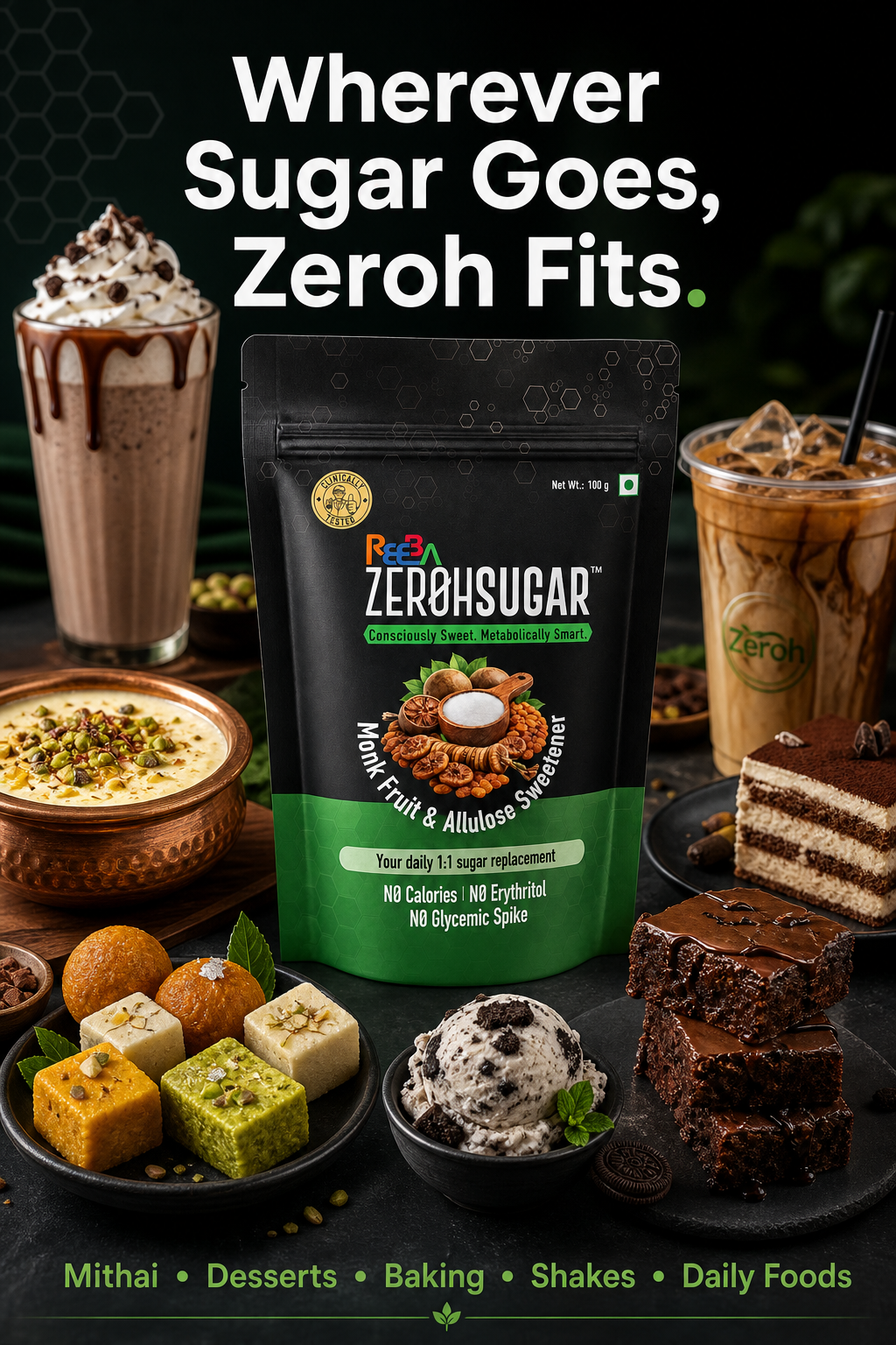 Zeroh Sugar | Monk Fruit & Allulose Sweetener | No Erythritol | Clinically Tested | 100g