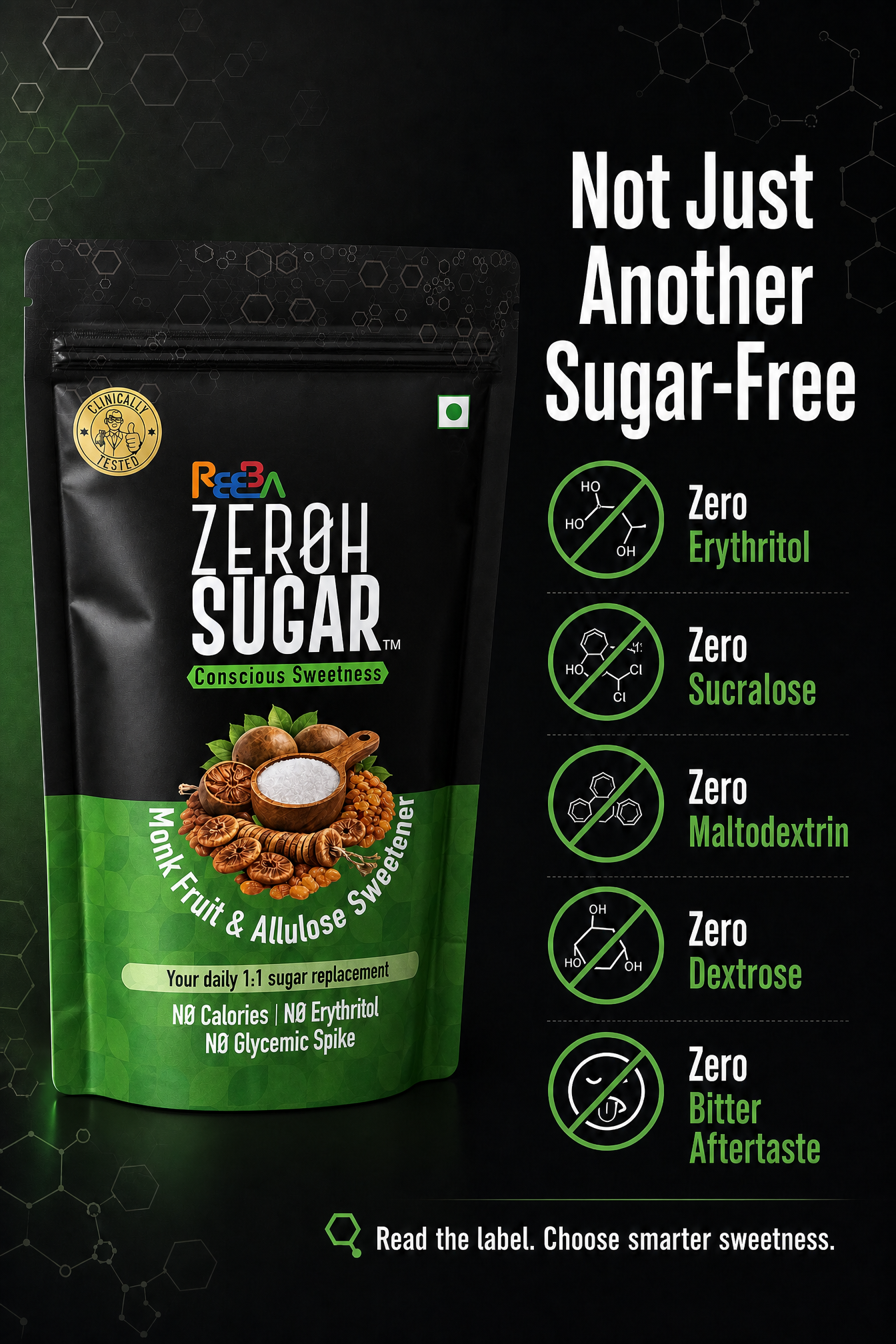 Zeroh Sugar | Monk Fruit & Allulose Sweetener | No Erythritol | Clinically Tested | 450g