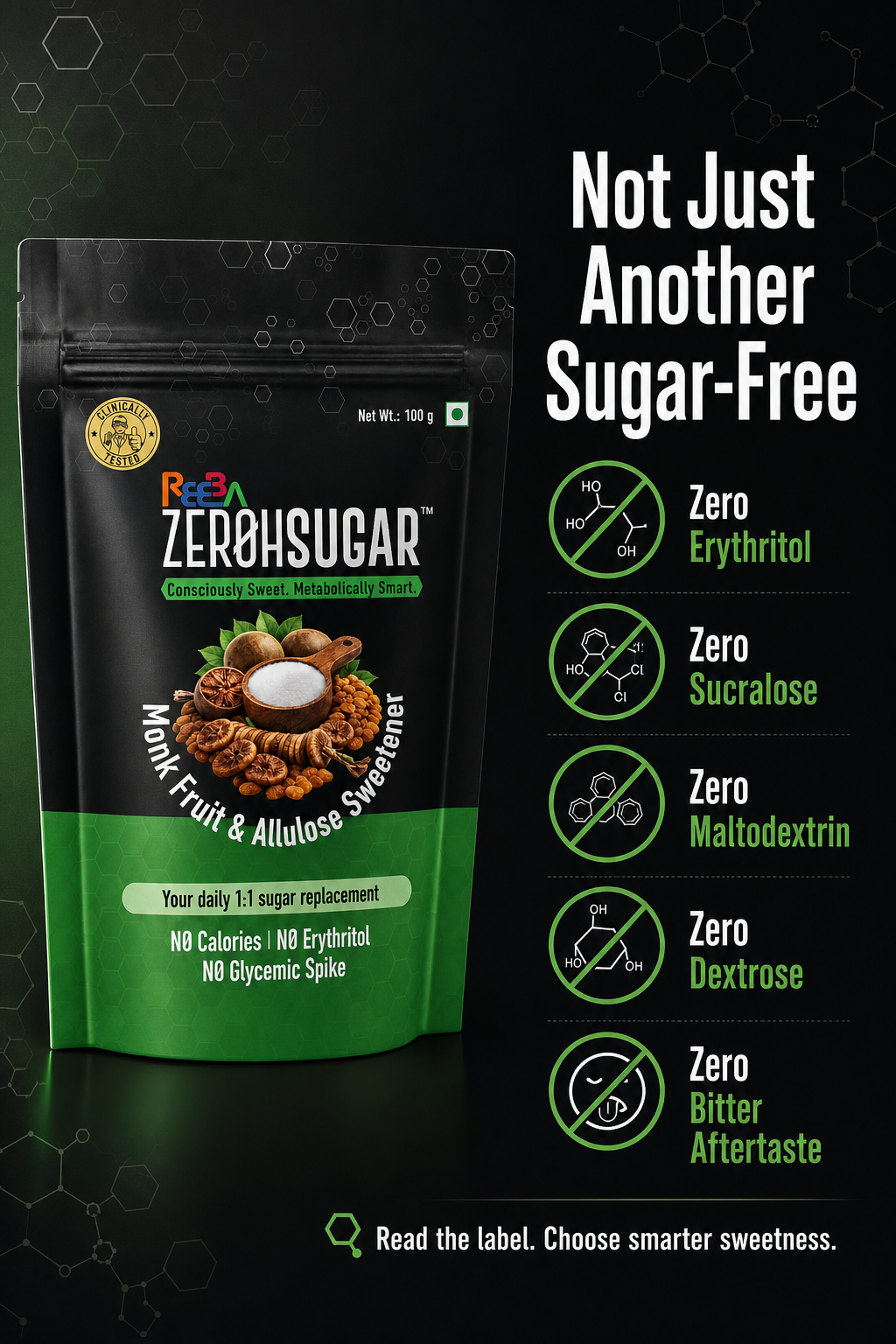 Zeroh Sugar | Monk Fruit & Allulose Sweetener | No Erythritol | Clinically Tested | 100g