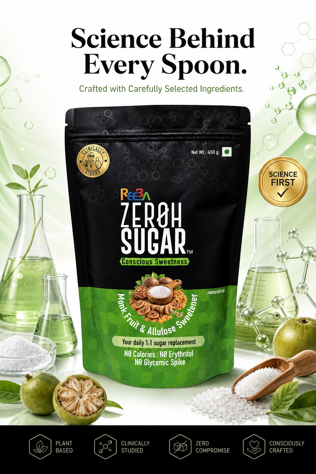 Zeroh Sugar | Monk Fruit & Allulose Sweetener | No Erythritol | Clinically Tested | 450g