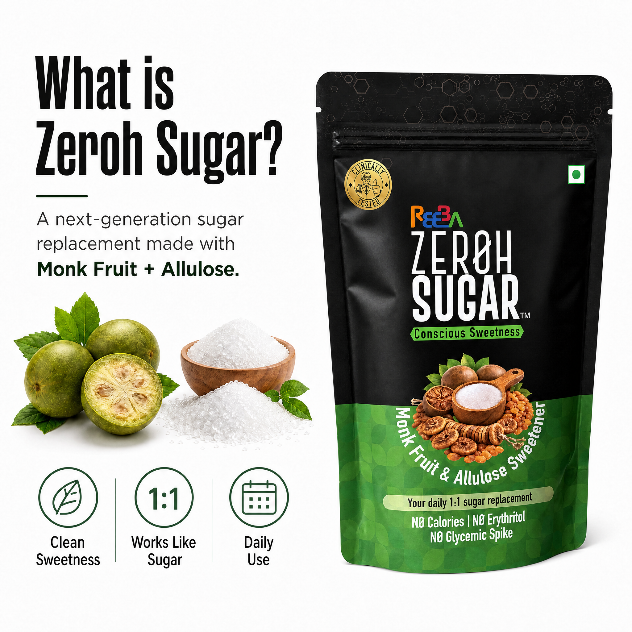 Zeroh Sugar | Monk Fruit & Allulose Sweetener | No Erythritol | Clinically Tested | 450g