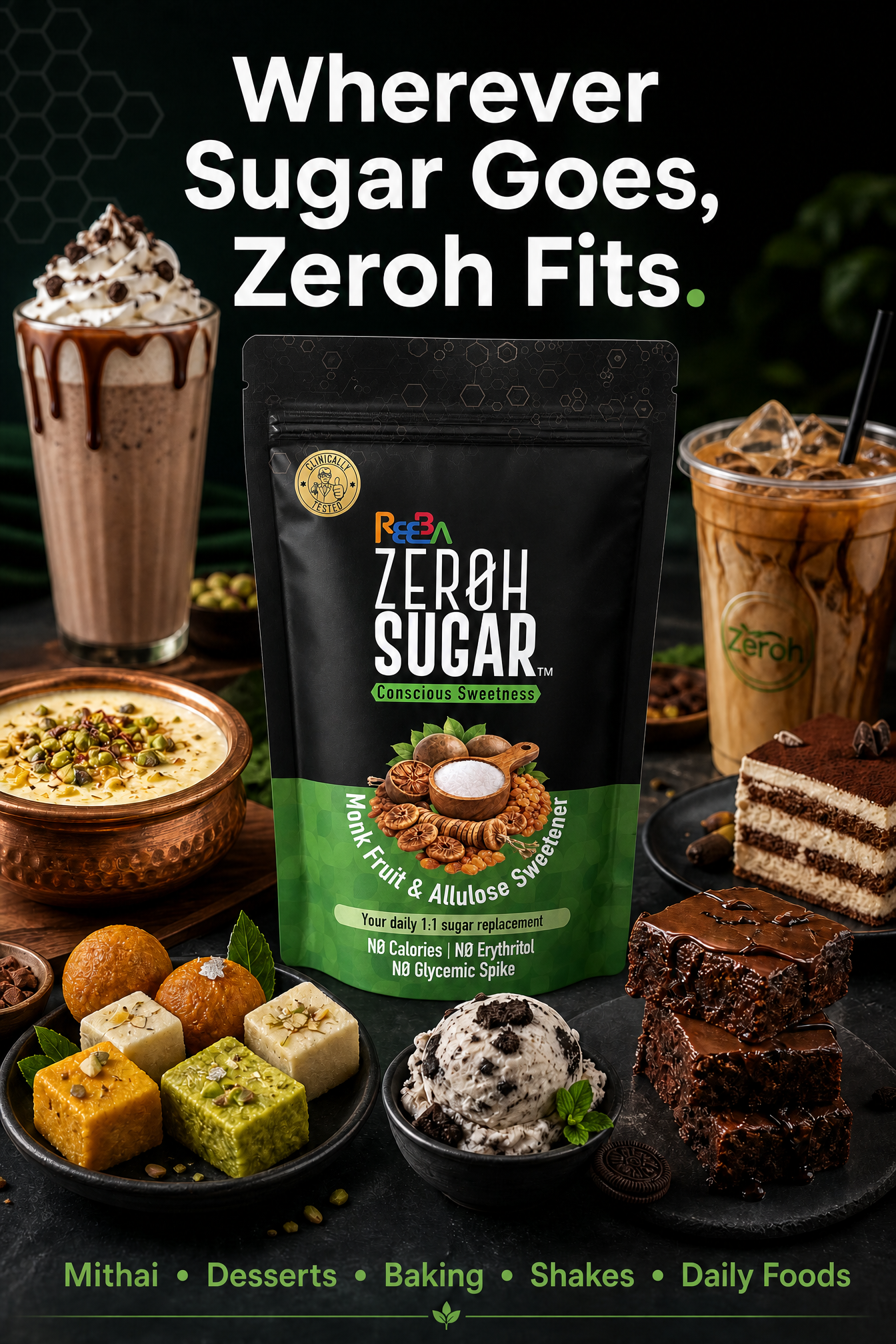 Zeroh Sugar | Monk Fruit & Allulose Sweetener | No Erythritol | Clinically Tested | 450g